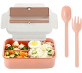 Lonchera para niños y adultos con 3 compartimentos, cuchara, tenedor y palillos, sin BPA, apta para microondas y lavavajillas (rosa y blanca)