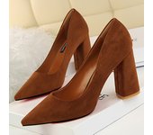 Women 8.5cm High Heels Elegant Pumps Lady Wedding Block Heels Scarpins Flock Suede Red Brown Nightclub Event Party Office Shoes