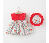 Summer New Baby Girls Dress Small Flying Sleeve Lace Pleats Flower Pattern Buttons + Hat Flower Pleats (0-3 Years Old Girls)