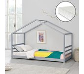 Cama para niños Vardø con colchón y somier - Forma de casa - pino 200 x 90 cm - Gris lacado mate [en.casa]