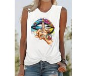 Summer Women's Colorful Lipprint Fingerprint Loose Size Round Neck Sleeveless Tank Top T-shirt