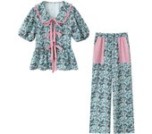 TELLHONEY Women Fashion Lapel Collar Lace Up Pleats Top Elastic Waist Contrast Colors Pants Female Casual Two Piece Set