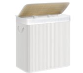 SONGMICS - Cesta de lavandería sucia con 3 compartimentos, cesta de 150L, bandeja de clasificación, con asas, tapa con arañazos, plegable, lino, hogar, lavandería, color madera/blanco/gris