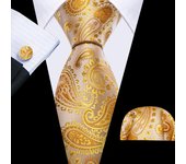 Barry.Wang Gold Beige Yellow Brown Tulip Silk Men Tie Handkerchief Cufflink Set Jacquard Necktie for Male Wedding Business Party