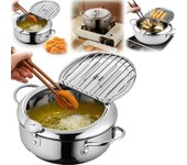 Olla para freir japonesa, Olla para freir de Maple inoxidable con termómetro y rejilla para escirir Aceite, Olla para freir, freidora Japonesa with Indicador de temp (9,5 pulgadas)