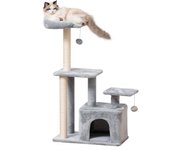 PawHut Árbol Rascador para Gatos Altura 114 cm Árbol para Gatos Torre para Gatos con Postes de Sisal 3 Plataformas Casita y 2 Bolas Colgantes Gris Claro
