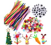Set of 450 multicolored pipe cleaners for crafts, pipe cleaners, colored chenille yarn, 100 pipe cleaners, chenille yarn, 200 red pom poms, 150 self-adhesive wiggly eyes.