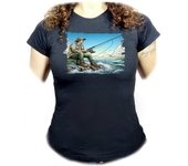 MERCHANDMANIA CAMISETA NEGRA MUJER deporte pesca pescador agua peces playa oferta tshirt