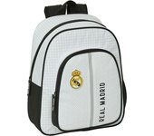 Mochila Preescolar Real Madrid Primera Equipación Doble Compartimento - Mochila De Guardería Real Madrid Escudo Adaptable A Carro - Mochila Infantil Escolar Real Madrid Blanca Negra - Safta