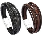 Pulseras de cuero para hombre, personalizadas, hechas a mano, trenzadas multicapa, color Negro, para San Valentín, cumpleaños y Bodas.