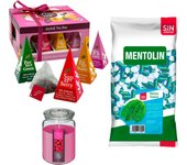 Pack bienestar: MENTOLIN MENTA SUAVE S/A BOLSA 1KG + WELL HOME - Vela perfumada de frambuesa + WELL HOME - Caja de Té Joyfull con variedad de sabores