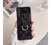 Luxury CC Diamond Checkered Phone Case For Samsung Galaxy Z Flip 4 3 Flip3 Flip4 5G Cover Cute Finger Rings Hinge Leather Cases
