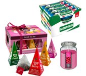 Pack relax: MENTOLIN EXTRA FUERTE S/A TUBO 12X20G + WELL HOME - Vela perfumada de frambuesa + WELL HOME - Caja de Té Joyfull con variedad de sabores