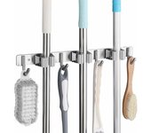 Soporte para Escobas de Pared de Acero Inoxidable, Colgador de Escobas de Pared con 3 Ranuras y 4 Ganchos para Cocina, Baño, Garaje y Jardín, Gris, Girasol