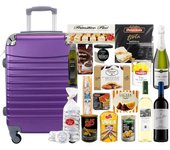 COSHANO Cesta de Navidad Lote navideño Gourmet con Maleta Trolley Equipaje de Mano 4 Ruedas giratorias 26 articulos (Morado)
