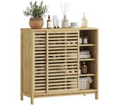 HOMCOM Armario de Baño de Bambú Mueble de Baño con 2 Puertas Correderas Diseño con Lamas 4 Estantes Mueble Auxiliar de Almacenaje para Cocina Salón 80x34x80 cm Natural