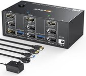Triple Display KVM Switch, 2 Display Ports + HDMI USB KVM Switch 8K@60Hz,4K@144Hz3 Monitors 2 Computers KVM with 4 USB 3.0 Ports