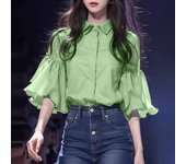 ZANZEA Elegant Women Chiffon Shirt Chic Ruffle 3/4 Sleeve Buttons Blouse Solid Luxury Lapel Neck Tops Baggy Fashion Party Blusas