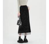 Women's Sequin A-line Skirt Black Glitter Sequined Velvet Long Skirt Ladies Night Outfit Party Wear
