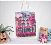 Bolso de hombro de compra con estampada de los dubujos paisaje con doble cara. tela loneta estampada dibujos personalizada.gran capacidad.dibujos madrid,barcalona,toledo,sol