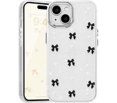 Funda para iPhone 13/iPhone 14, con lazo 3D brillante, bonita y transparente, fina, suave y duradera, de TPU transparente, para mujeres y niñas - Lazo negro