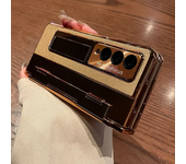 With Screen Protector Luxury Leather Case for Samsung Galaxy Z Fold 6 5 4 3 5G One-Piece Plating Stand Shockproof Cover Gold