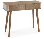 VERSA - Consola de madera color natural, 2 cajones, extremos blancos ondulados, 90x33x78 cm