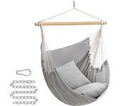 SONGMICS Hamaca, Silla Colgante, Hamaca Colgante con 2 Almohadas, Silla Colgante con Cadena, Capacidad de Carga de 150 kg, para Interior, Exterior, Salón, Dormitorio, Gris/Beige