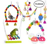 12Pcs Bird Cage Toys for Parrots Wood Birds Swing Reliable Chewable Bite Bridge Wooden Beads Shape Parrot Toy Colorful Funny Toy