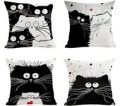 Juego de 4 fundas de cojín decorativas de algodón y lino, 45x45 cm, diseño de gato