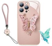 Funda de cristal plana con patrón de mariposa 3D compatible con iPhone, compatible con iPhone 12 a 14 Pro Max con correa (para iphone14ProMax, morado claro)