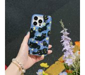 Korean Ins Cute Black Cats Luxury Phone Case for iPhone 16 15 14 13 12 11 Pro Max X XR XSMax 8 7 Plus Feather Texture Back Cover
