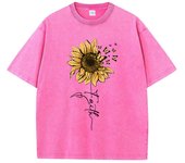 Sunflower And Butterfly Cotton Washed T-Shirt Women Prints Tops Summer O-Neck Oversized T Shirts Vintage Black Woman Clothes