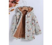 Fall/Winter Girls' Fleece Hooded Single-Breasted Floral Print Coat Holiday School Thermal Jacket Top