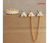 3PCS New Stainless Steel Double Ear Studs Tassel Chains Hanging Earrings Set for Women Geometry Triangle Huggie Piercing Jewelry