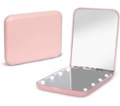 Espejo de bolsillo, espejo de maquillaje compacto de viaje con luz LED para bolso, portátil, plegable, de mano, espejo pequeño iluminado, rosa