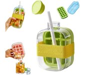 Botella para cubitos de hielo, 2 en 1, sin contacto, con tapa y recipiente, portátil para hacer cubitos de hielo con pajita, ideal para café, whisky y zumo (verde, 500 ml)