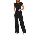 Spring/summer solid color casual suit with pleats, short sleeved top, high waisted wide leg pants, sportswear