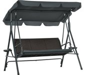 Outsunny Columpio de Jardín de 3 Plazas Banco Balancín para Exterior con Toldo Ajustable Asiento de Ratán 2 Portavasos 2 Bandejas y Marco de Acero para Terraza Patio 204x112x150 cm Gris