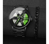 2PCS Fashion Men Sports Watches 3d Car Wheel Stainless Steel Band Wrist Watch Men's Quartz Watch Bracelet Set（Without Box）