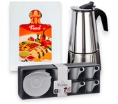 Pack de Cafetera Italiana de Acero Inoxidable 12 Tazas + Salvamantel de Corcho y Cerámica + Set 6 Tazas de Porcelana Blanca Set de Café y Té - WIAAM,AM3