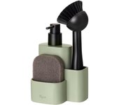 VIGAR® - Set Fregadero 3 Piezas Pocket - Dosificador de Jabón Integrado - Diseño Elegante Compacto y Funcional - Fabricado con Poliresina Material Resistente - Dosificador de Jabón con Cepillo y Esponja - Organizador Fregadero Cocina con Dispensador