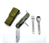 Set cubiertos camping color verde , Navaja multiuso , cuchara y tenedor supervivencia. Albainox