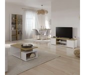 Conjunto de Muebles Salón Acces Estilo Nórdico con Estanteria , Mesa de Comedor, Mesa de Centro y Mueble de Tv en Color Blanco y Roble Hamilton