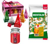 Pack surtido: MENTOLIN MIEL MENTOL S/A BOLSA 1KG + WELL HOME - Vela de frutos rojos + WELL HOME - Caja de Té Joyfull con variedad de sabores