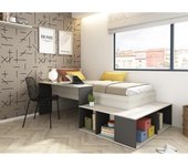 Vente-unique - Cama 90 x 200 cm con compartimentos y escritorio - Color: natural y antracita + Somier + colchón - RIGALI