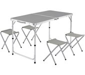 LILI HOME Conjunto de Mesa + 4 Taburetes de Camping Plegables – Aluminio Altura Ajustable 🔹 Dimensiones abiertas: 120 cm (largo) x 60 cm (ancho)  🔹 Altura regulable en 3 posiciones: ▪️ 55 cm ▪️ 62 cm ▪️ 70 cm. ✨ Práctica, ligera y resisten