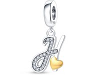 Fit Pandora 925 Original Bracelets 925 Silver Color 26 Gold Heart Zircon Letter Charms Beads DIY Creative Birthday Jewelry Gifts