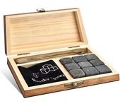 Whiskey Stones Set - 9 Granite Whiskey Rocks / Wooden Box / Velvet Bag / Reusable Cooling Ice Cubes