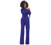 Hot selling European and American classic solid color slanted collar button jumpsuit wide leg pants